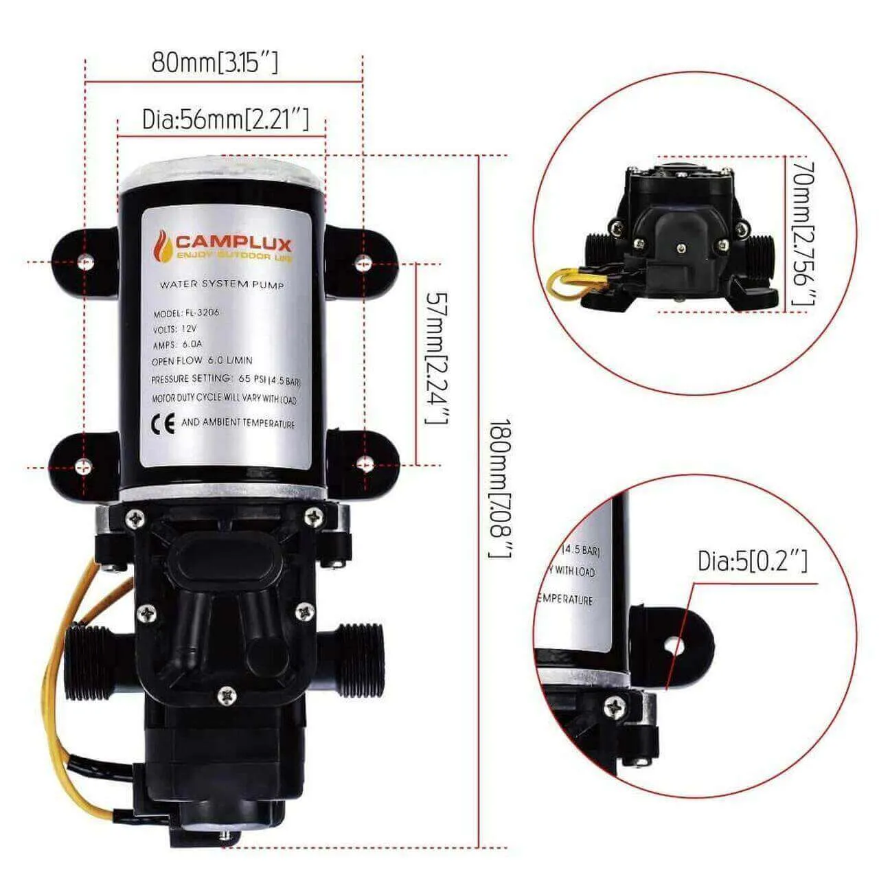 Camplux 1.6 GPM 65 PSI 12V Diaphragm Pump