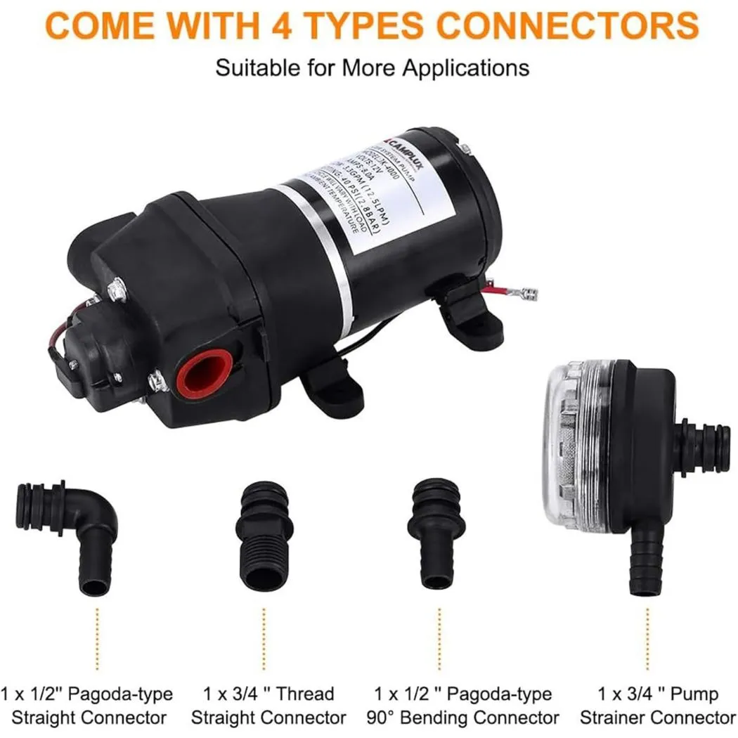 Camplux JK-4000 12V Water Pressure Diaphragm Pump 3.3GPM, 40PSI, 12.5LPM for RV Camper, Marine Boat, Lawn