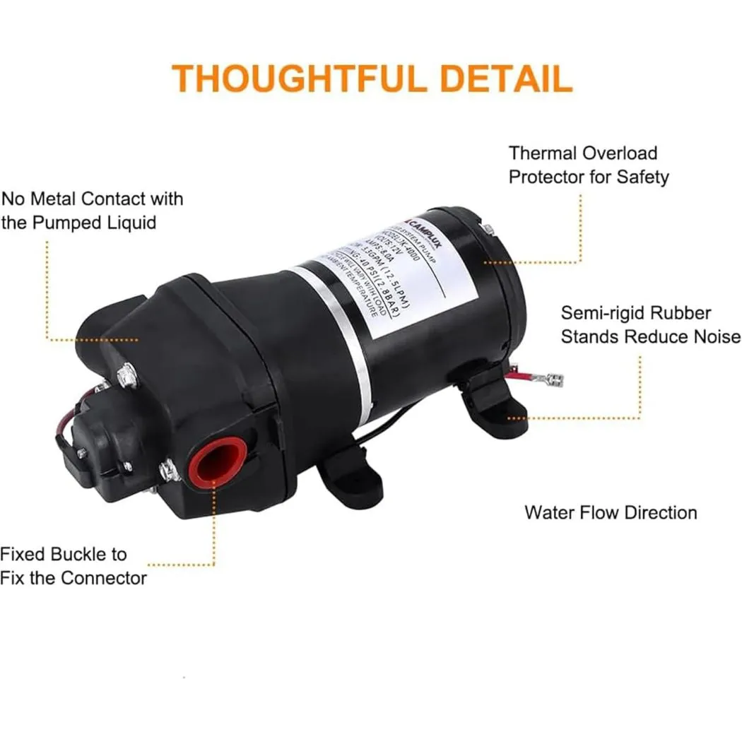 Camplux JK-4000 12V Water Pressure Diaphragm Pump 3.3GPM, 40PSI, 12.5LPM for RV Camper, Marine Boat, Lawn