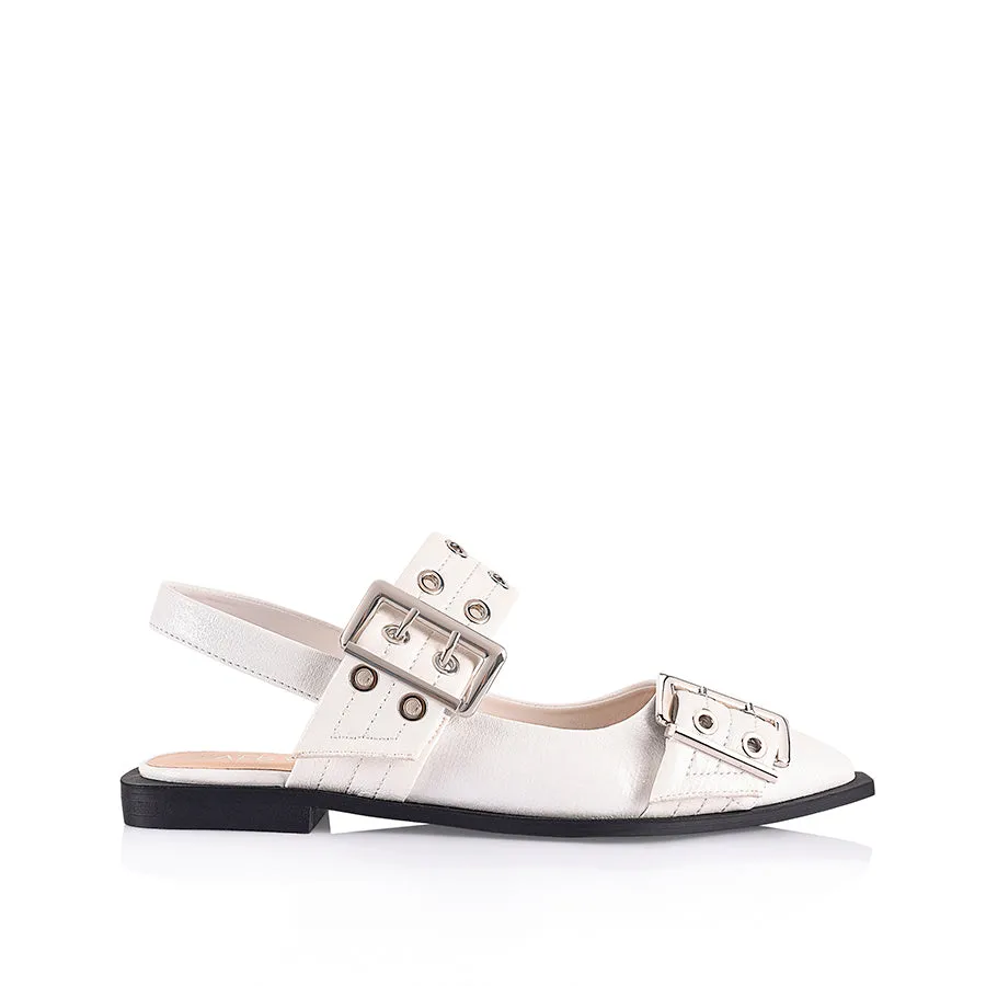 Clea Slingback Buckle Flats - Chalk White Crinkle