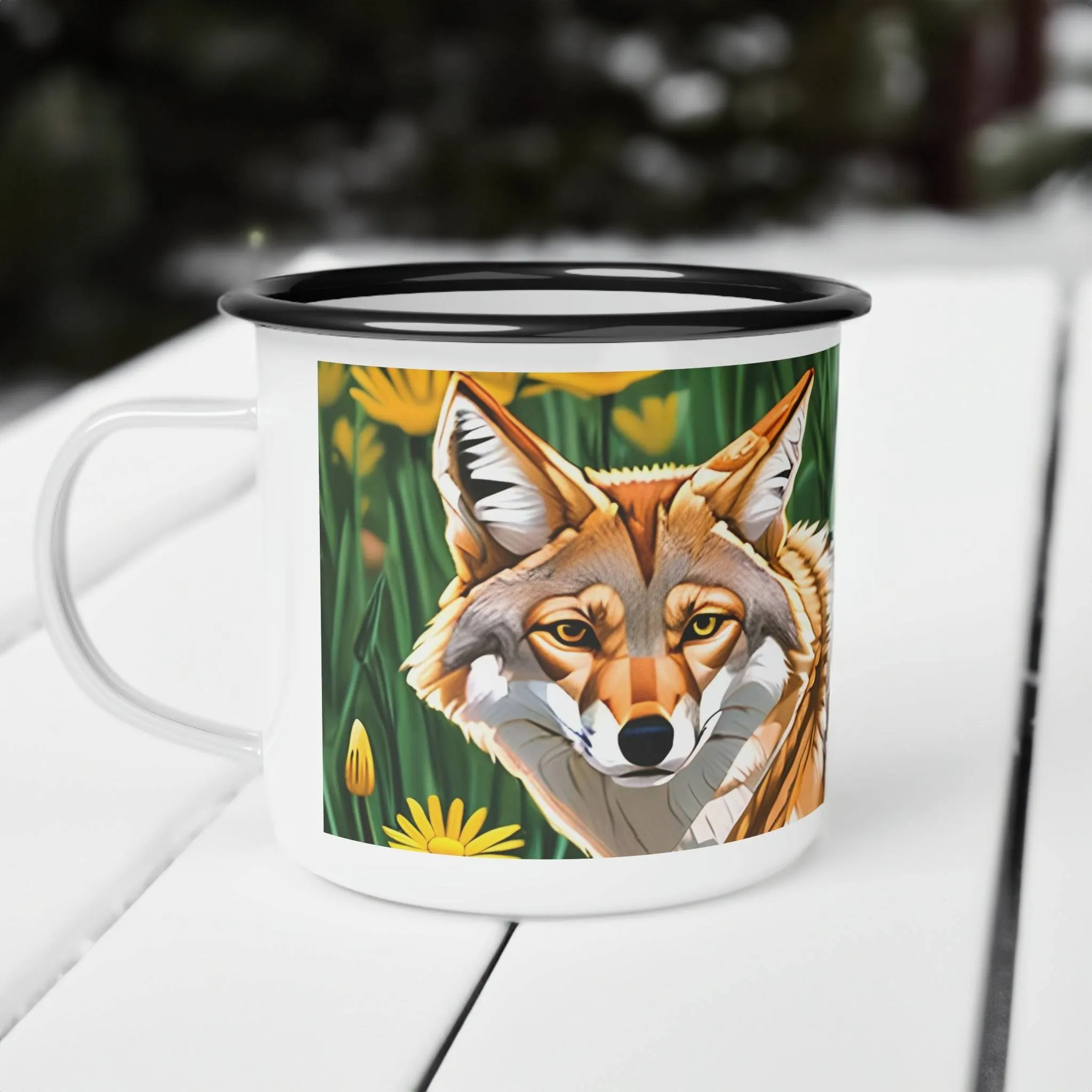 Coyote with Flowers, Enamel Camping Mug for Coffee, Tea, Cocoa, or Cereal - 12oz