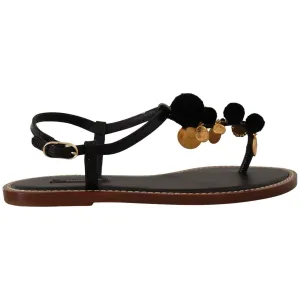 Dolce & Gabbana Chic Leather Ankle Strap Flats with Gold Detailing