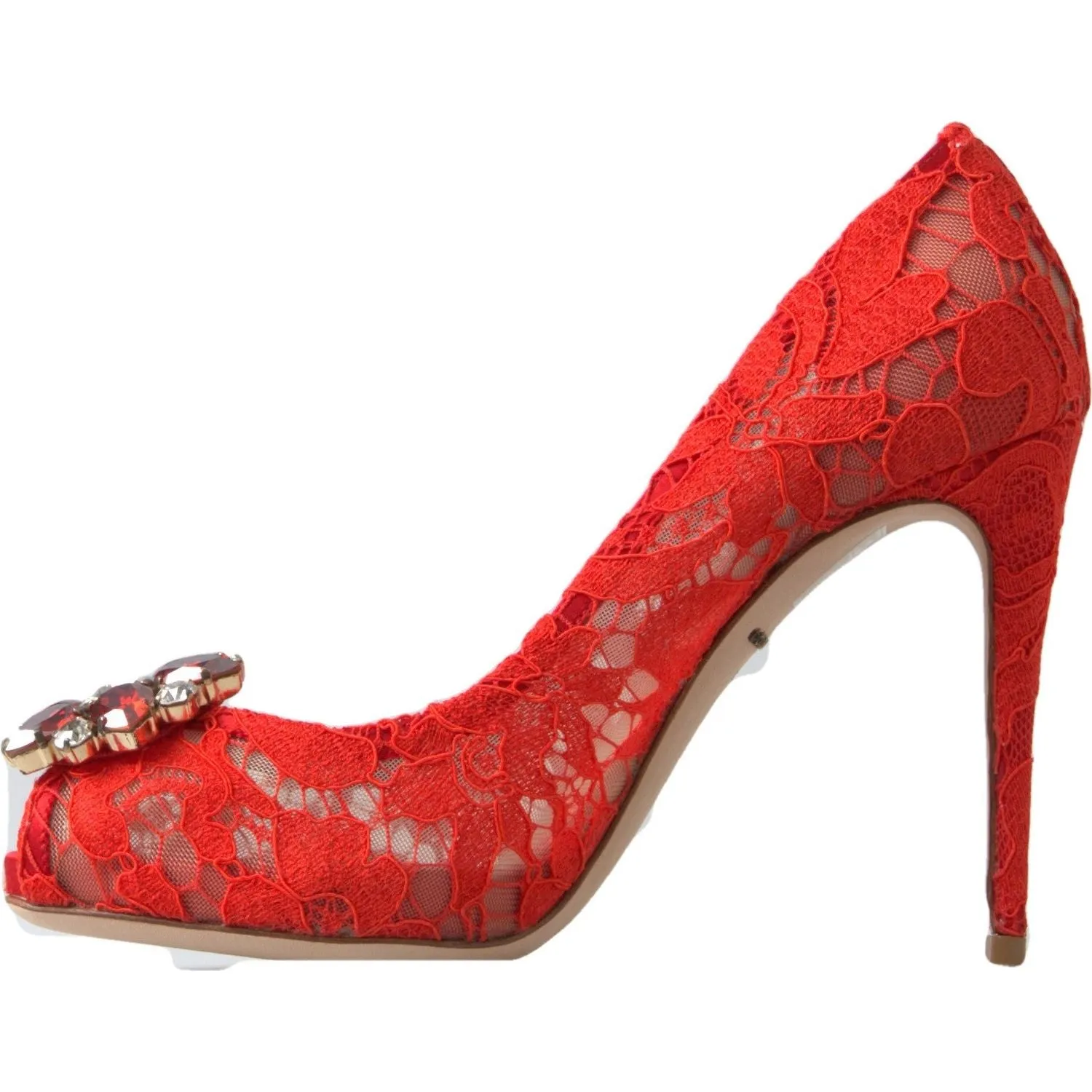 Dolce & Gabbana Chic Red Lace Heels with Crystal Embellishment