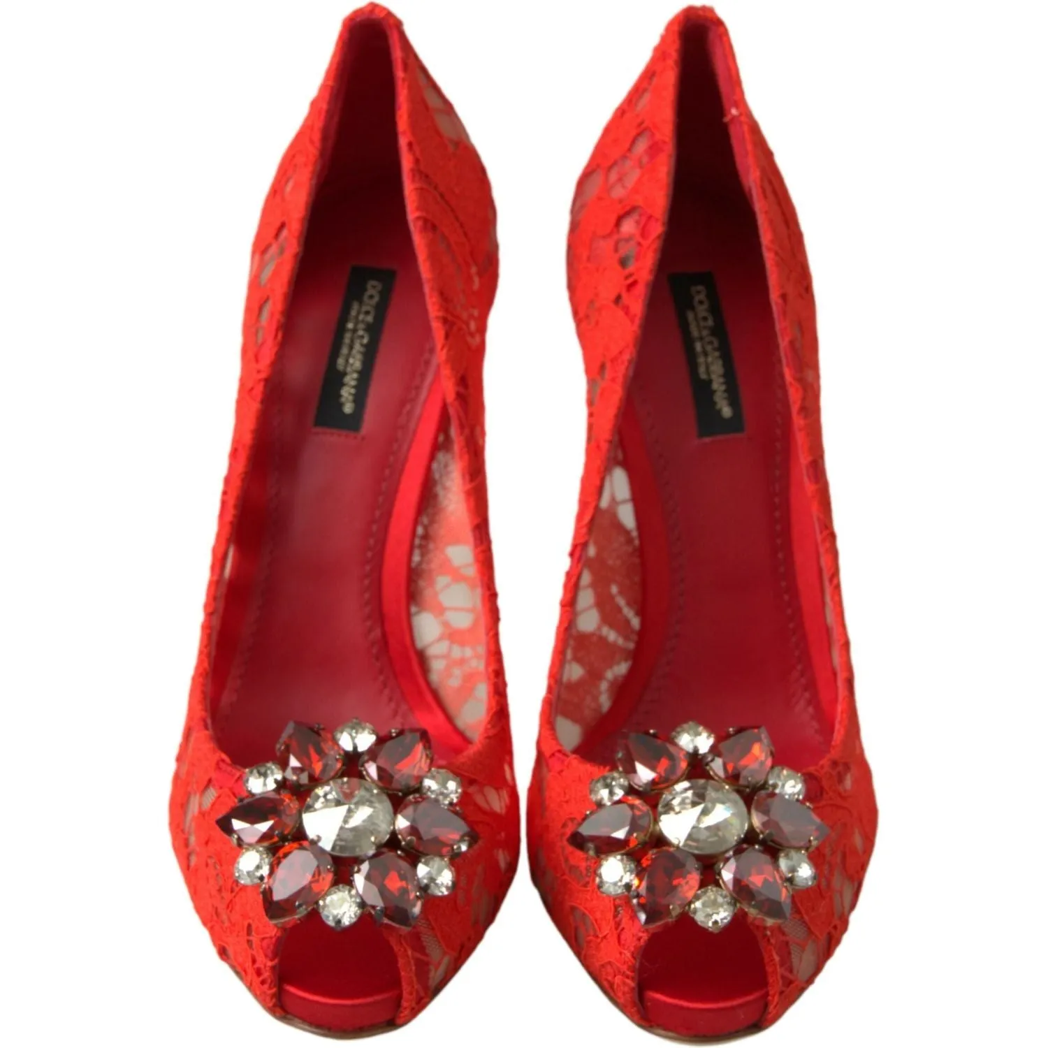 Dolce & Gabbana Chic Red Lace Heels with Crystal Embellishment