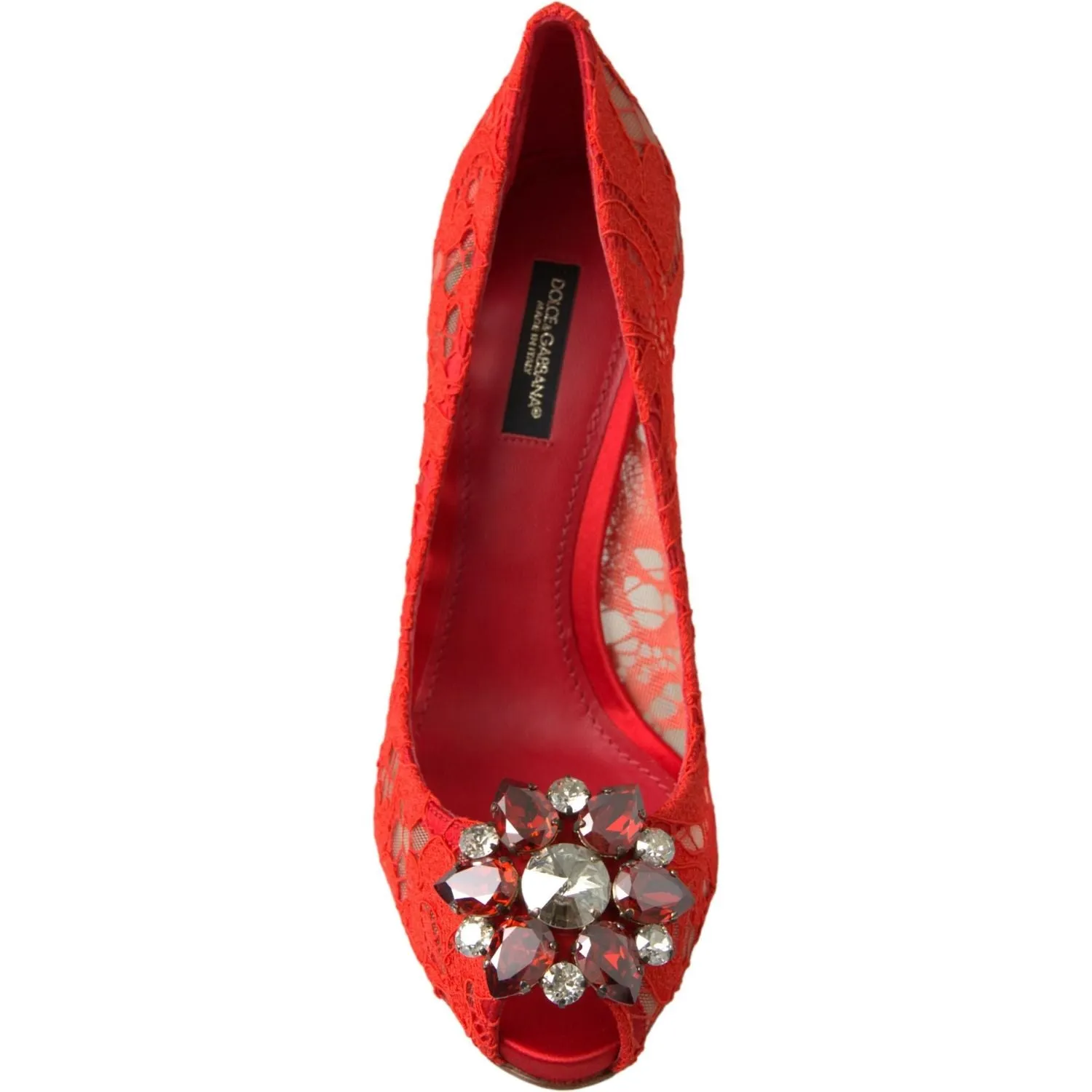 Dolce & Gabbana Chic Red Lace Heels with Crystal Embellishment