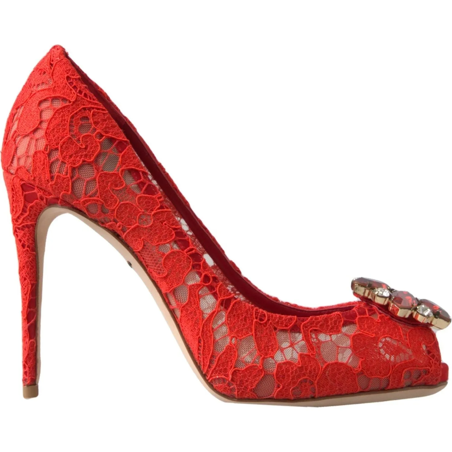 Dolce & Gabbana Chic Red Lace Heels with Crystal Embellishment