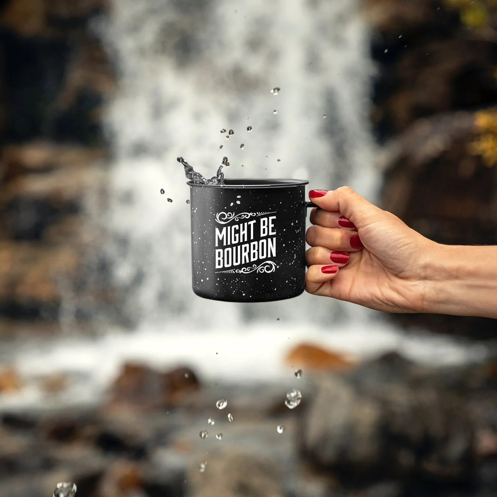 Enamel Camping Coffee Mug"Might Be Bourbon" Large Tin Cup, 15 Ounce (Midnight Black)