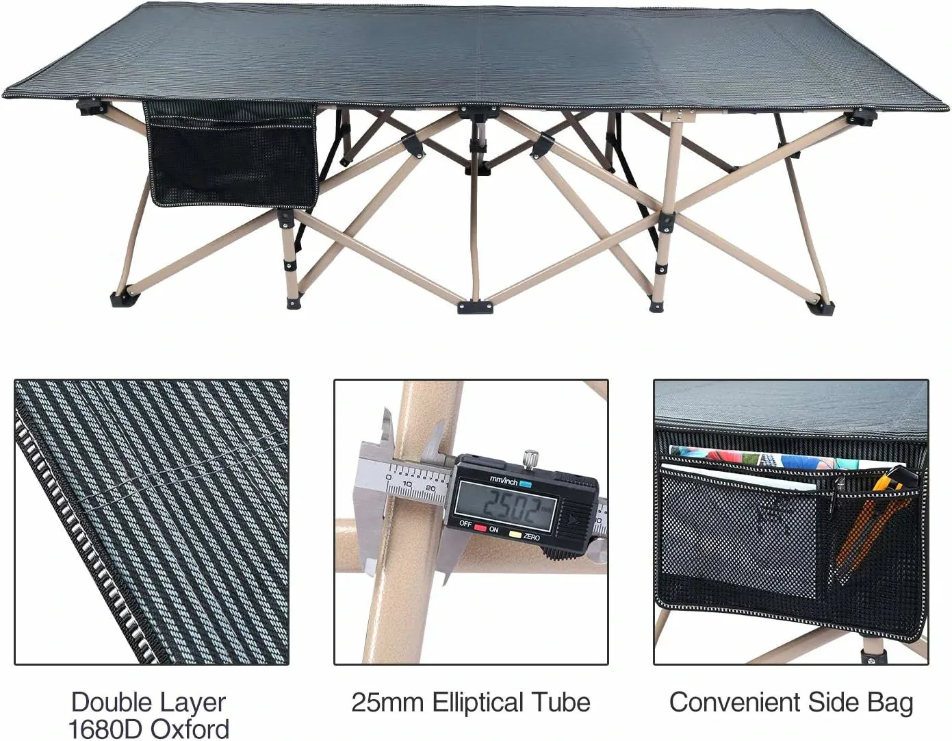 Extra Wide Folding Camping Cot for Adults, Grey Blue Green