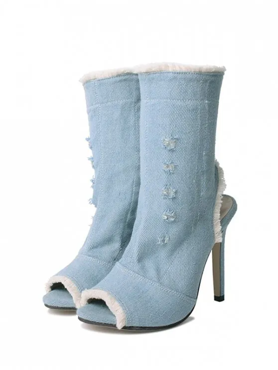 Fashion Peep Toe Denim Stiletto Heel Boots