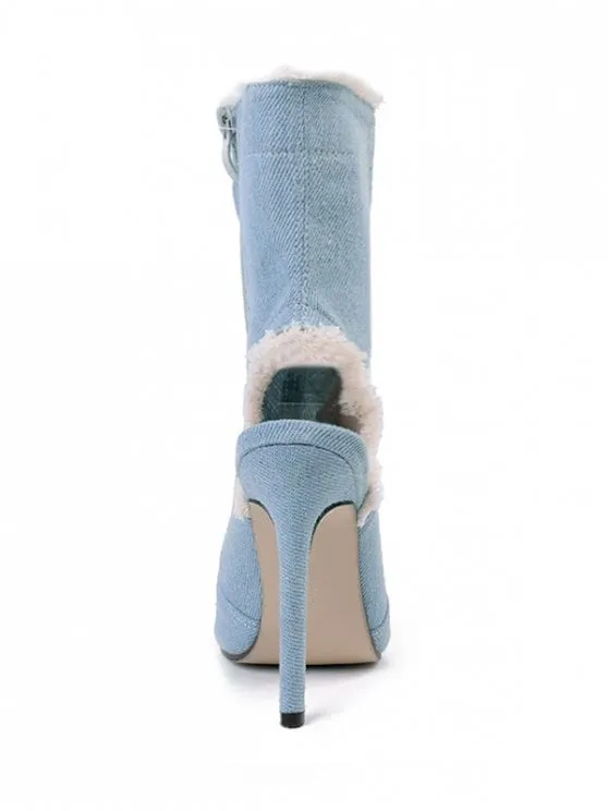 Fashion Peep Toe Denim Stiletto Heel Boots