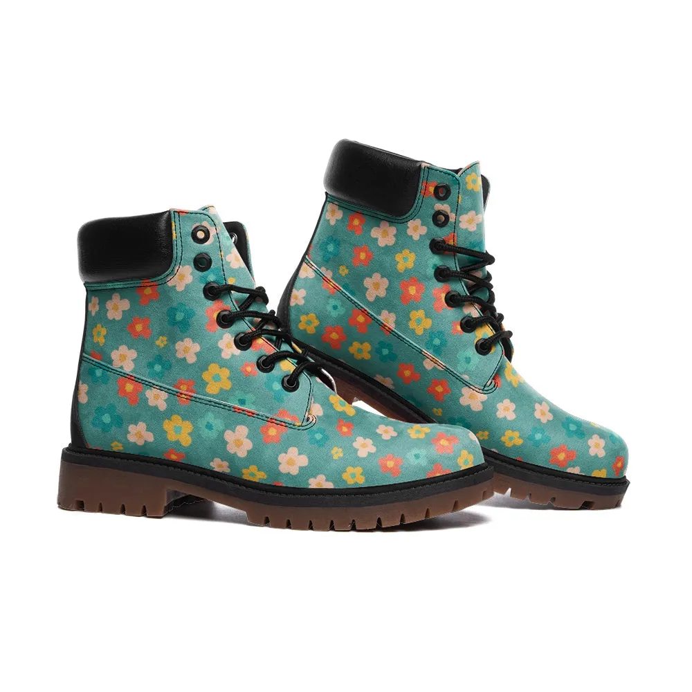 Faux Leather Combat Boots Unisex Floral Blue Print