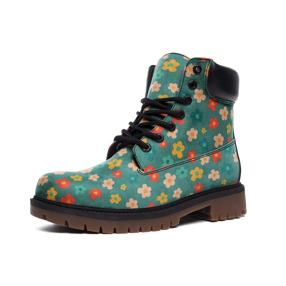 Faux Leather Combat Boots Unisex Floral Blue Print