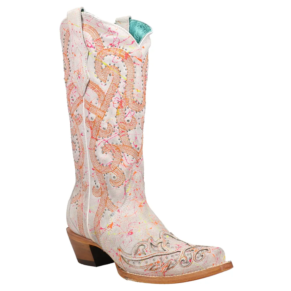 Fluorescent Embroidery Tooled-Inlay Studded Snip Toe Cowboy Boots