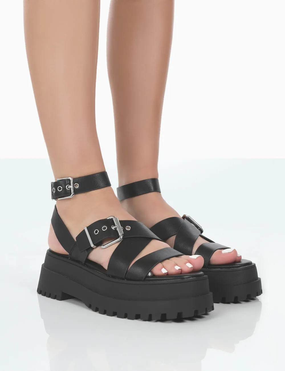 Follow Black PU Chunky Buckle Sandals