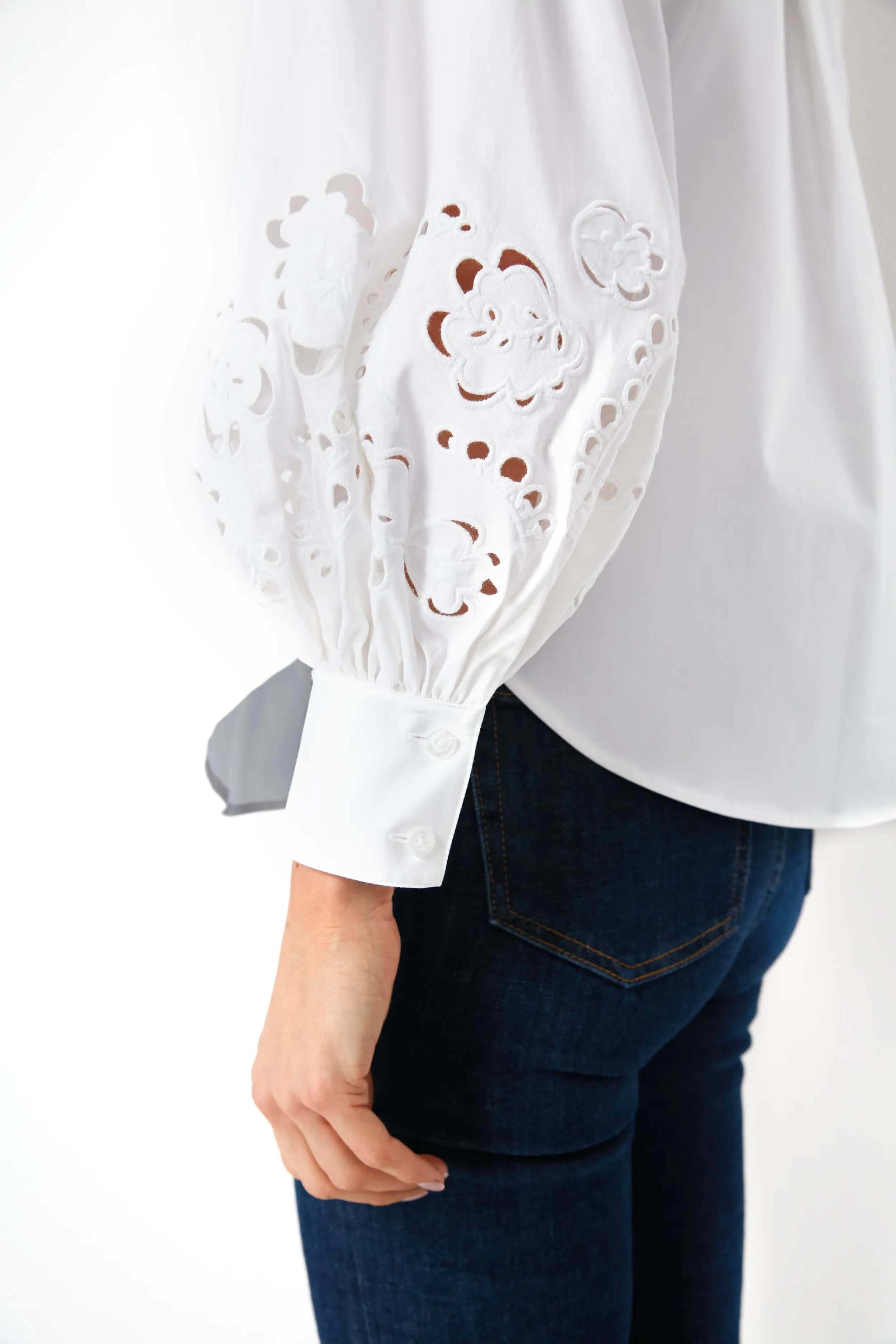 French Cream Poplin Embroidered Cutwork Shirt