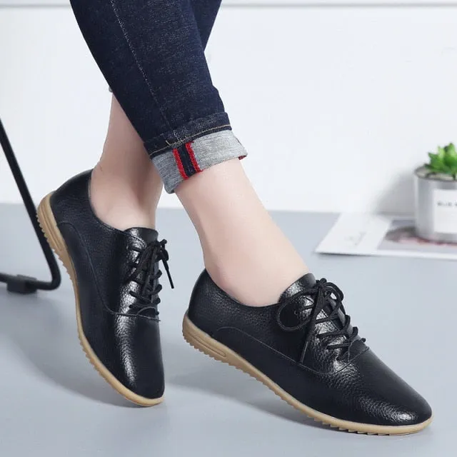 GHJIOL  Spring Women Oxford Shoes Ballerina Flats Shoes Women Genuine Leather Shoes Moccasins Lace Up Loafers Zapatos Mujer