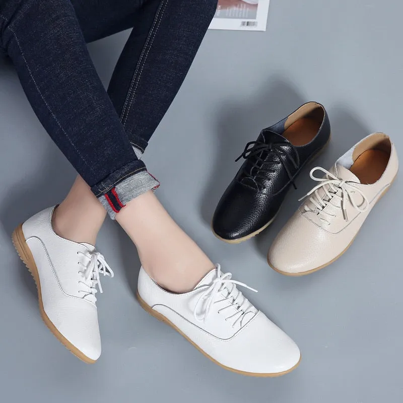 GHJIOL  Spring Women Oxford Shoes Ballerina Flats Shoes Women Genuine Leather Shoes Moccasins Lace Up Loafers Zapatos Mujer