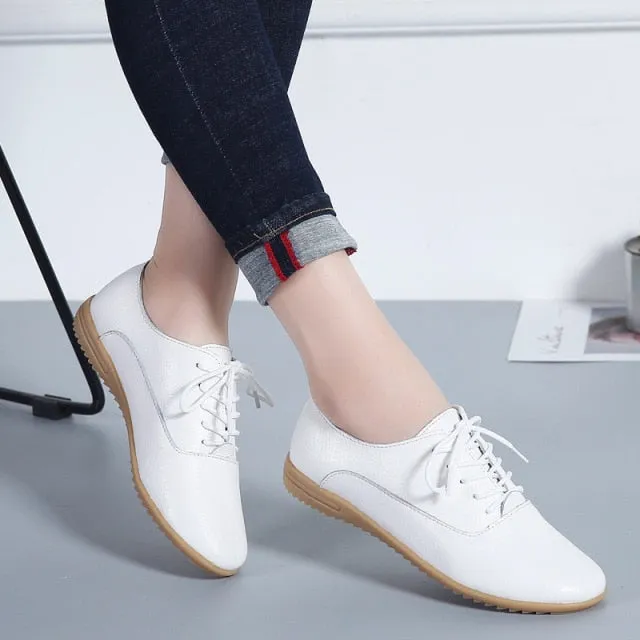 GHJIOL  Spring Women Oxford Shoes Ballerina Flats Shoes Women Genuine Leather Shoes Moccasins Lace Up Loafers Zapatos Mujer