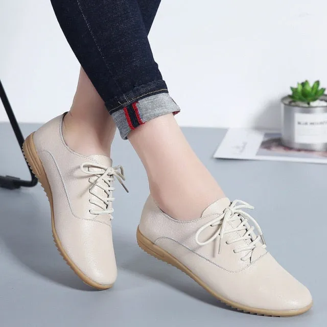 GHJIOL  Spring Women Oxford Shoes Ballerina Flats Shoes Women Genuine Leather Shoes Moccasins Lace Up Loafers Zapatos Mujer