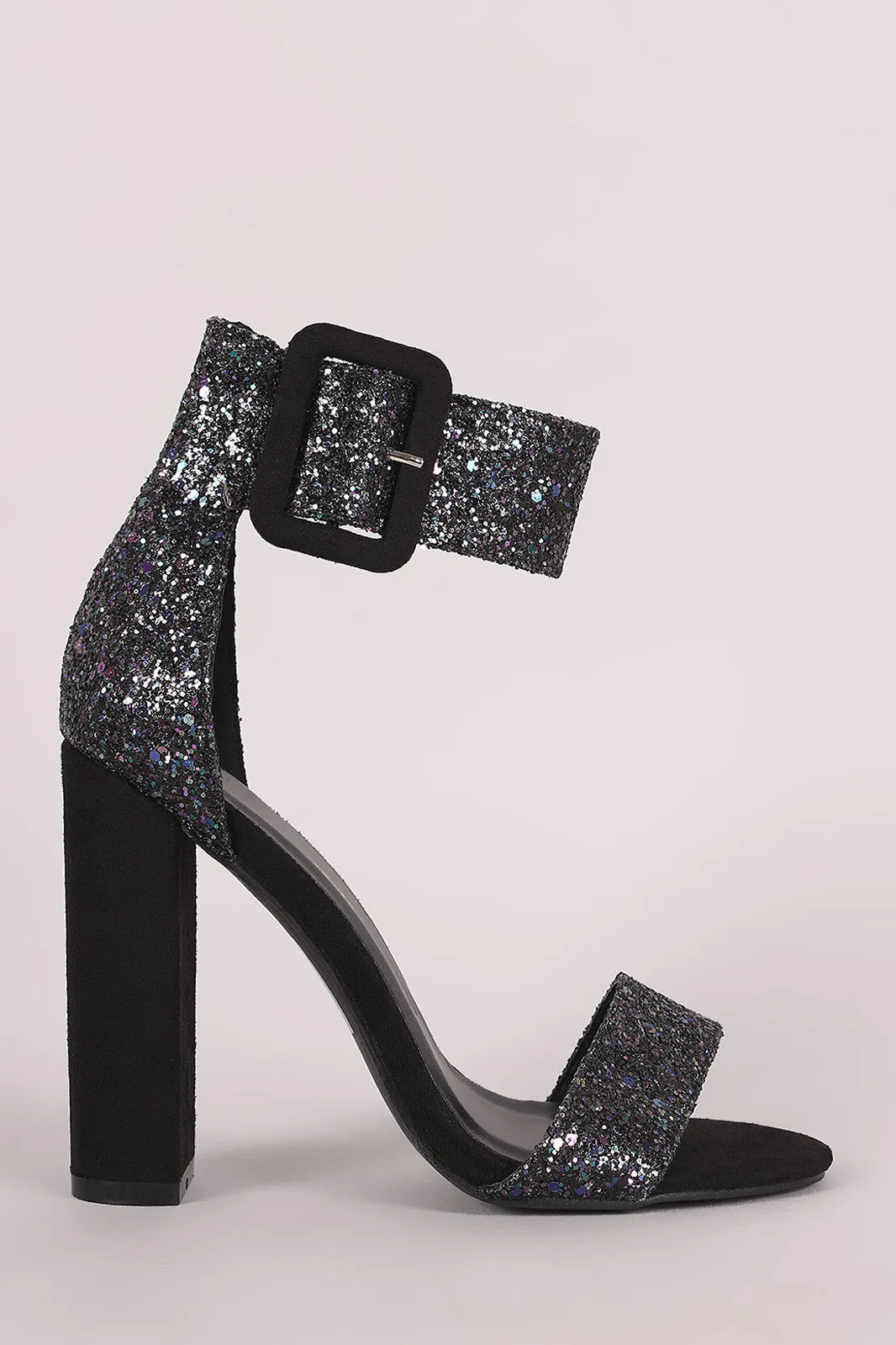 Glitter Encrusted Ankle Cuff Suede Chunky Heel