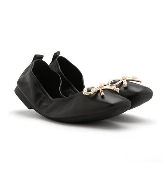 Hailey Foldable Square-Toe Bow Flats Black