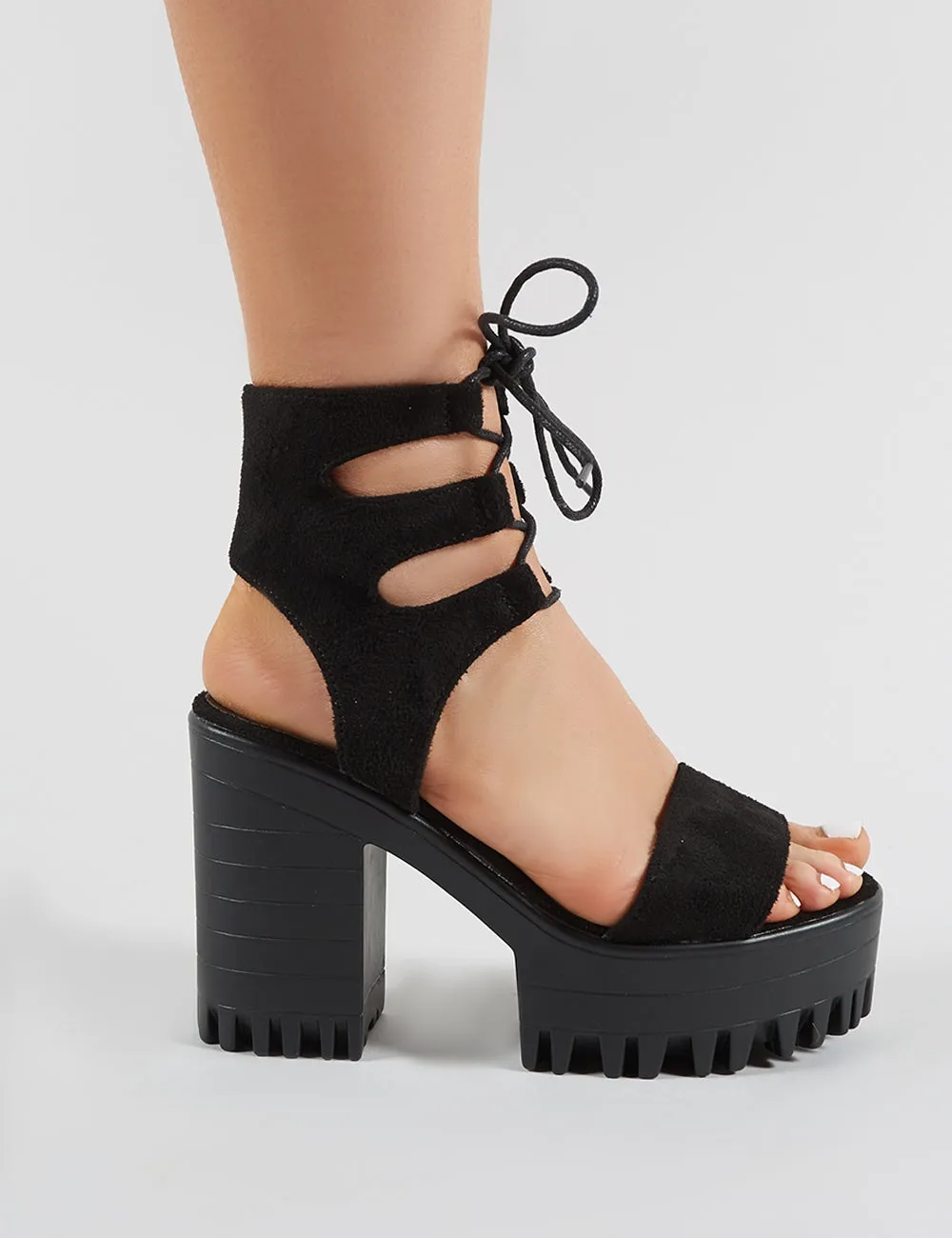 Hailey Lace Up Chunky Heels in Black Faux Suede