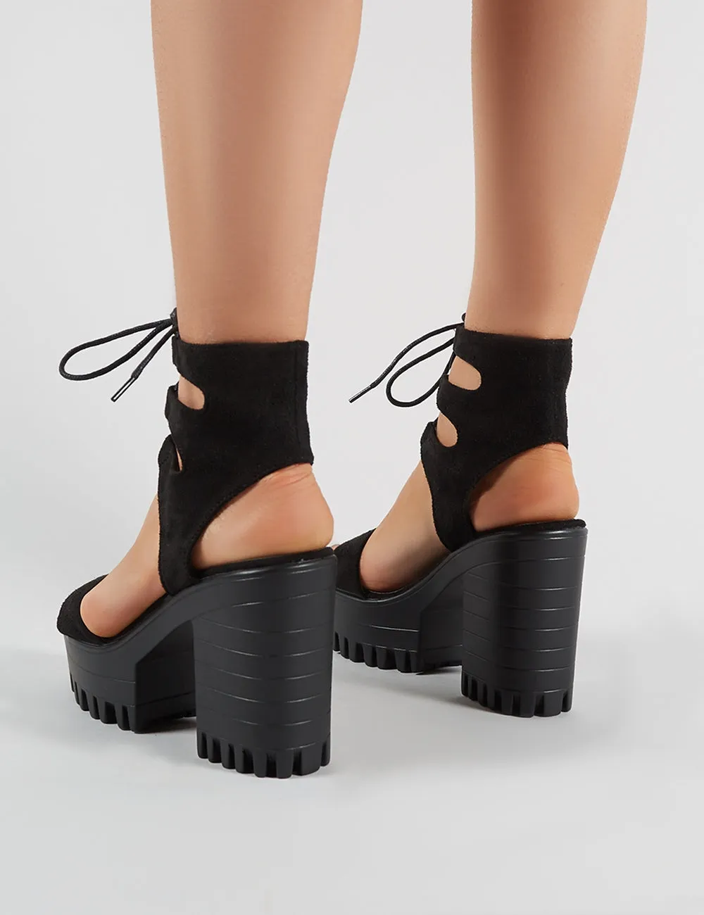 Hailey Lace Up Chunky Heels in Black Faux Suede