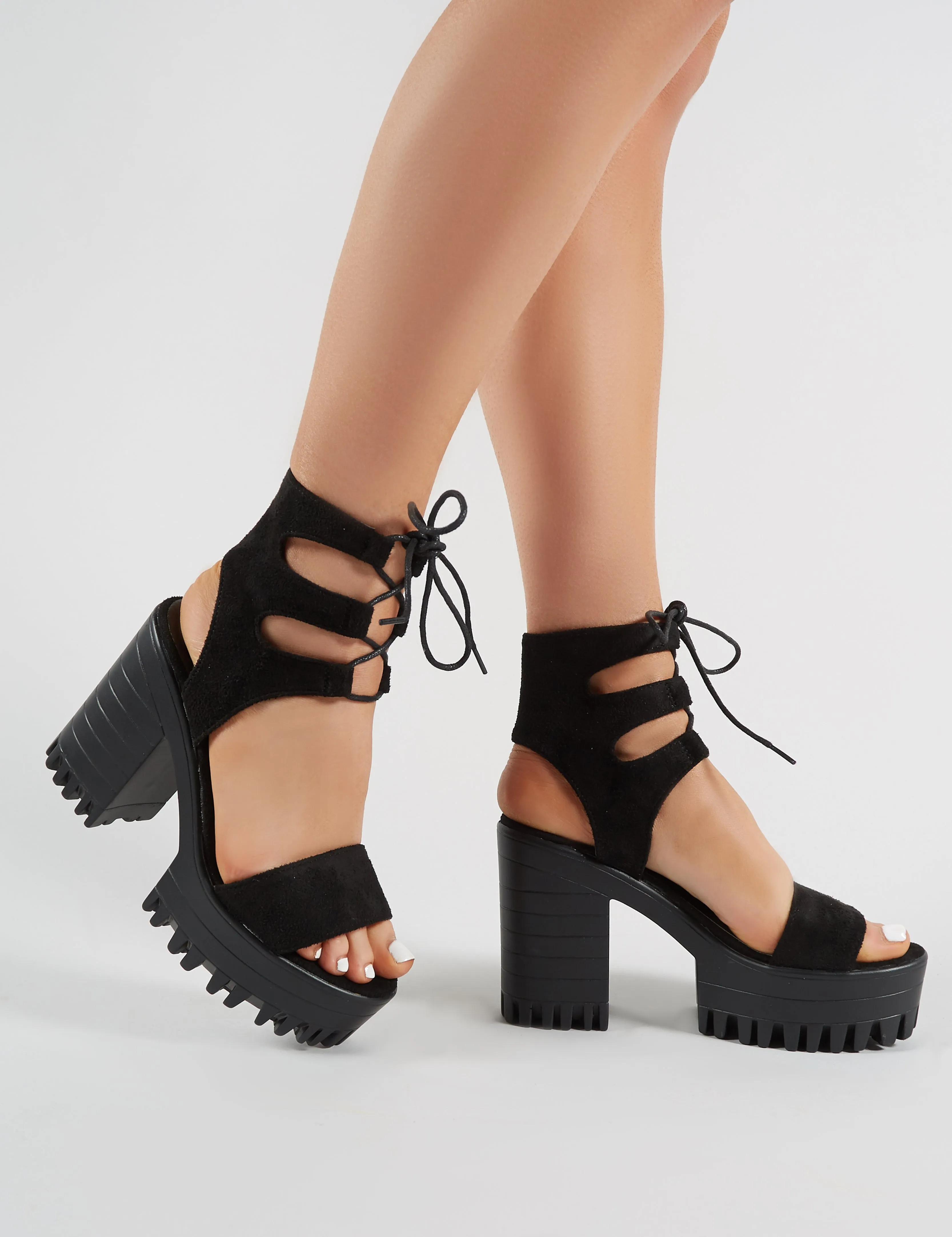 Hailey Lace Up Chunky Heels in Black Faux Suede