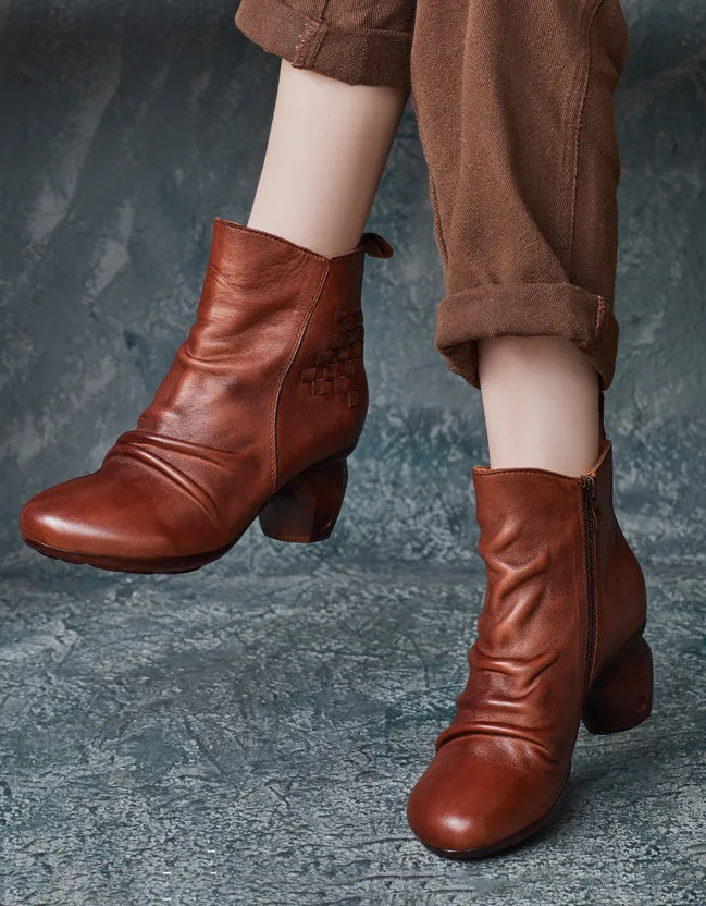 Handmade Braided Pleated Vintage Elegant Chunky Heels Boots