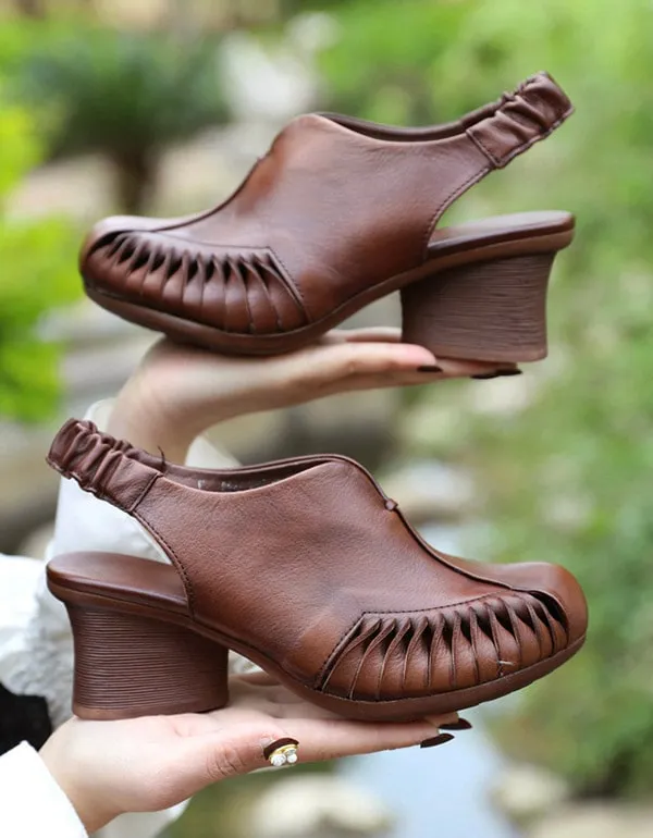 Handmade Retro Leather Chunky Heels