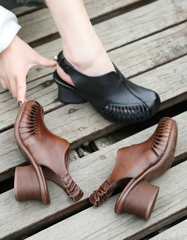 Handmade Retro Leather Chunky Heels