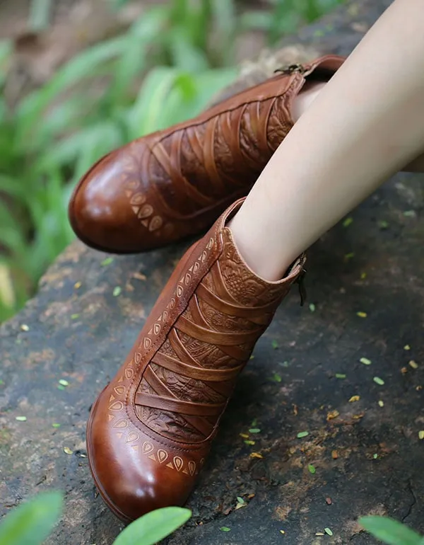 Handmade Vintage Leather Chunky Heels Ankle Boots