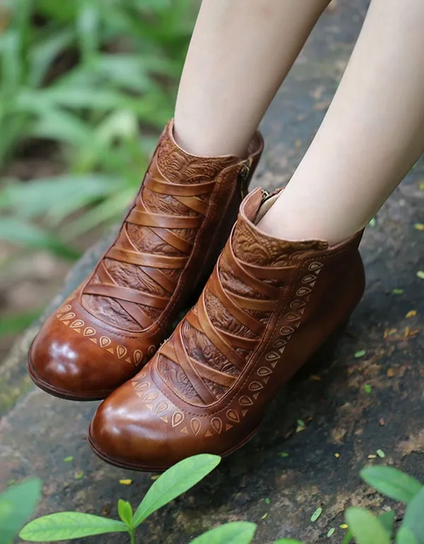 Handmade Vintage Leather Chunky Heels Ankle Boots