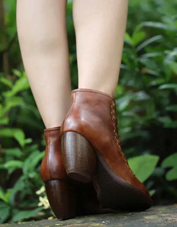 Handmade Vintage Leather Chunky Heels Ankle Boots