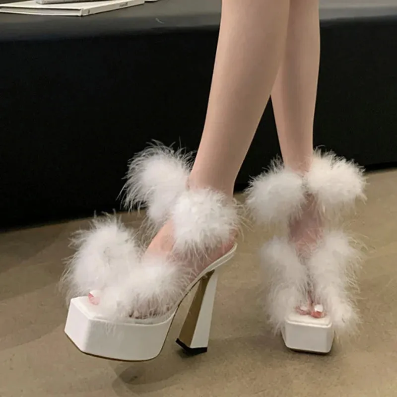 Hnzxzm 2024 Summer Fashion Pink Fluffy Feather Square Toe Chunky Platform Sandals Women Wedding Banquet Shoes Super High Heels