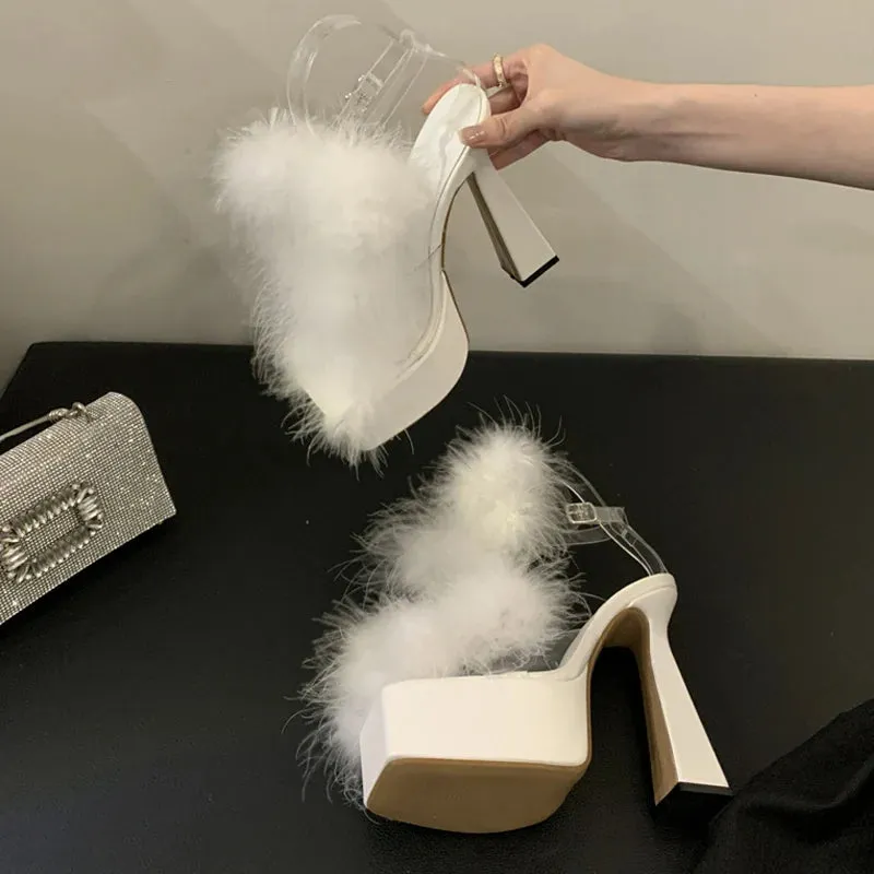 Hnzxzm 2024 Summer Fashion Pink Fluffy Feather Square Toe Chunky Platform Sandals Women Wedding Banquet Shoes Super High Heels