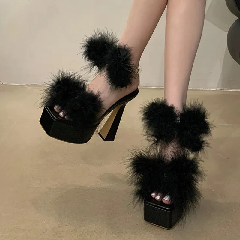 Hnzxzm 2024 Summer Fashion Pink Fluffy Feather Square Toe Chunky Platform Sandals Women Wedding Banquet Shoes Super High Heels