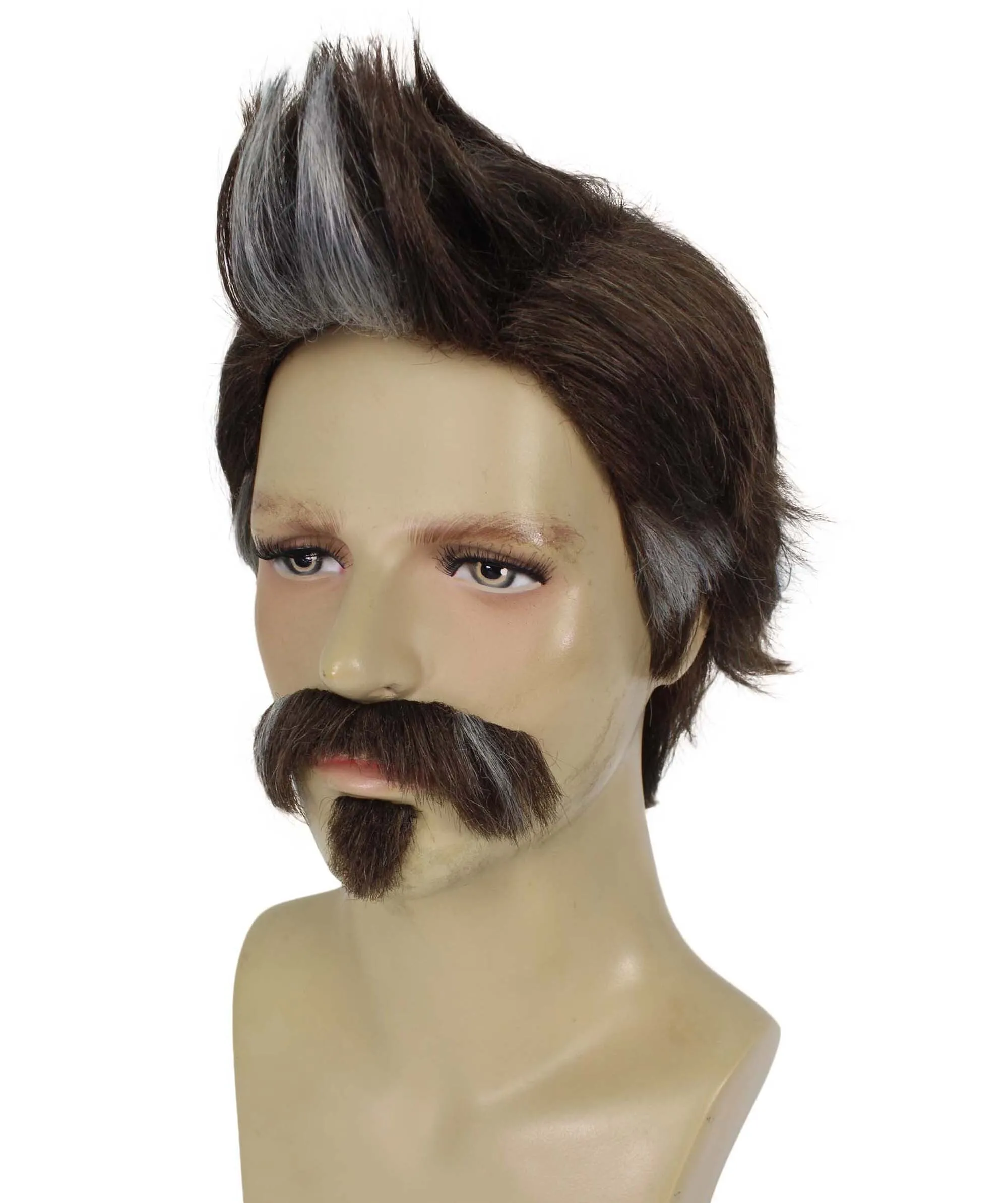 HPO Adult Men's Assault Legend Brown Spiky Game Wig with Mustache and Soul Patch | Best for Halloween | Flame-retardant Synthetic Fiber