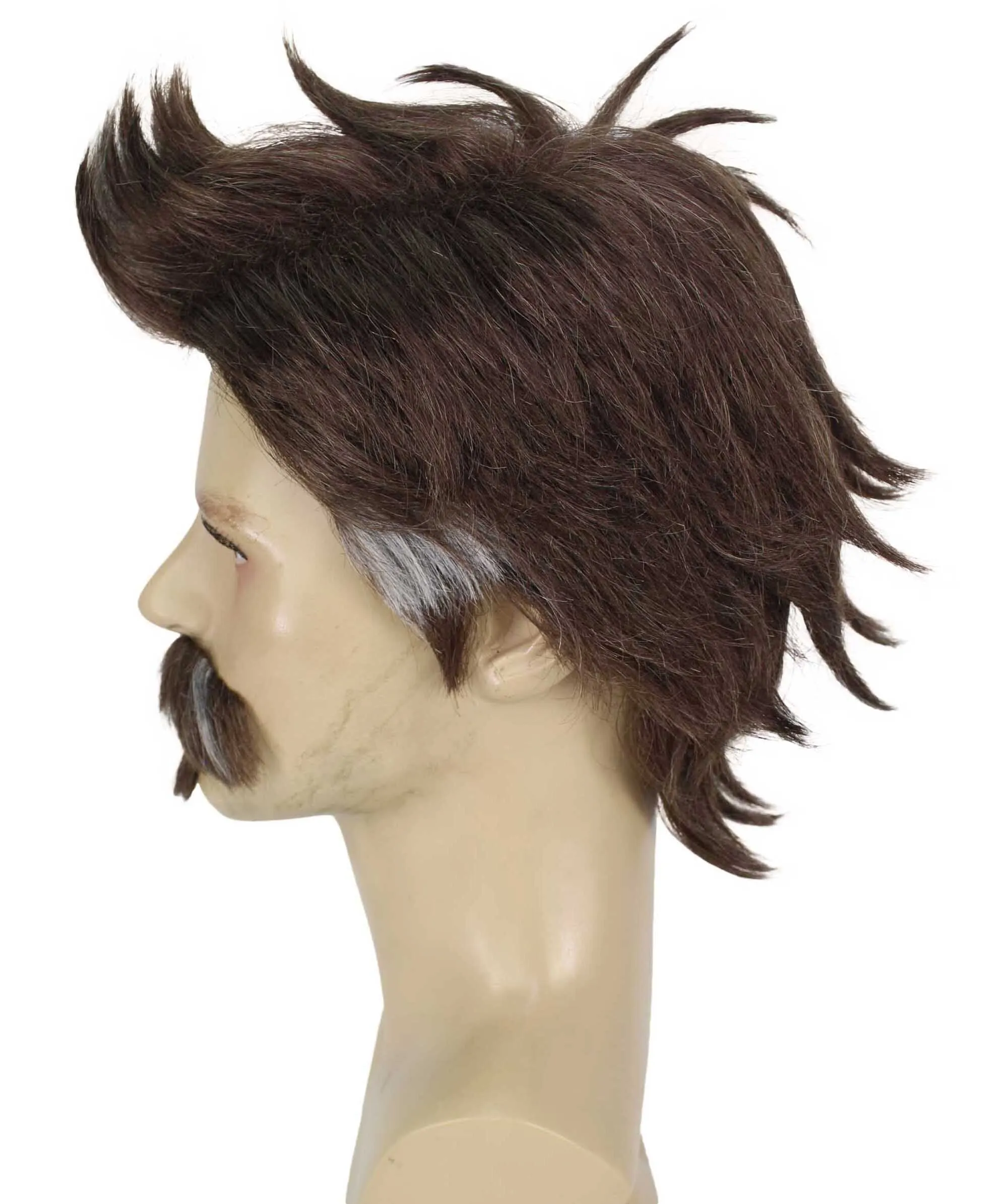 HPO Adult Men's Assault Legend Brown Spiky Game Wig with Mustache and Soul Patch | Best for Halloween | Flame-retardant Synthetic Fiber