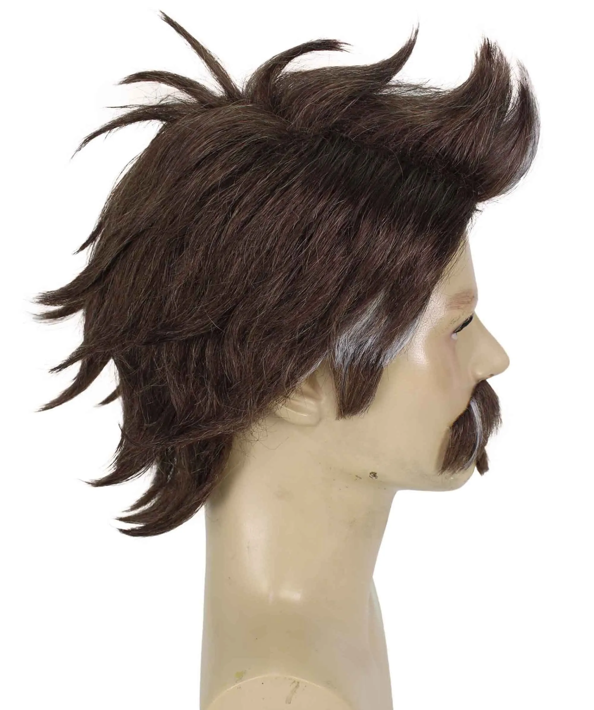 HPO Adult Men's Assault Legend Brown Spiky Game Wig with Mustache and Soul Patch | Best for Halloween | Flame-retardant Synthetic Fiber