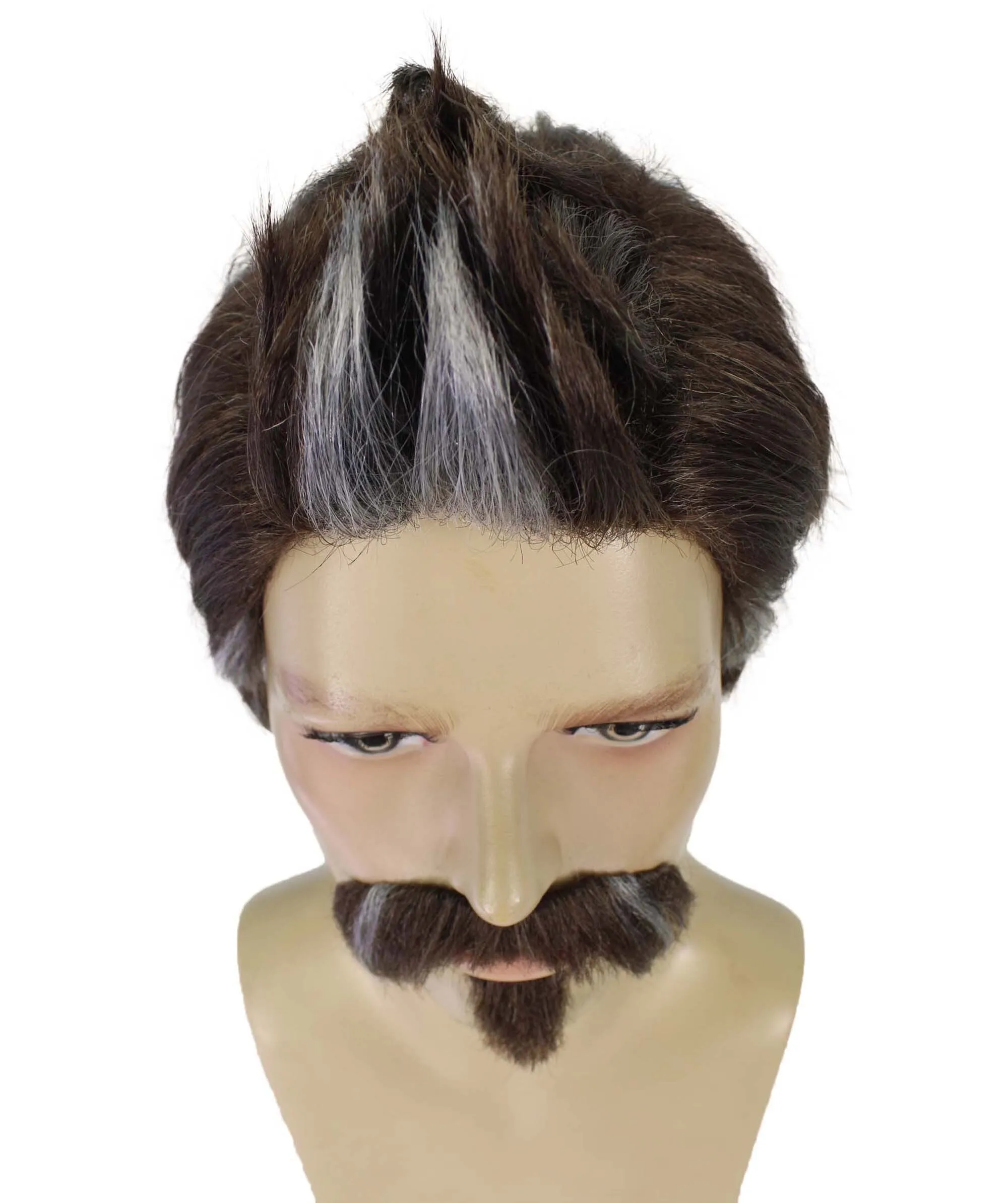 HPO Adult Men's Assault Legend Brown Spiky Game Wig with Mustache and Soul Patch | Best for Halloween | Flame-retardant Synthetic Fiber