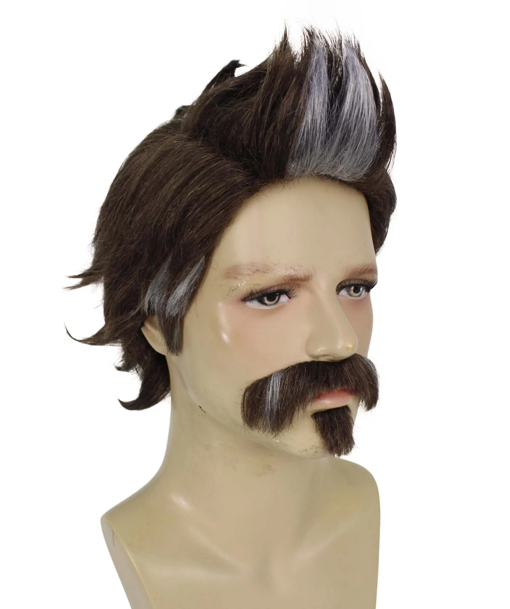 HPO Adult Men's Assault Legend Brown Spiky Game Wig with Mustache and Soul Patch | Best for Halloween | Flame-retardant Synthetic Fiber