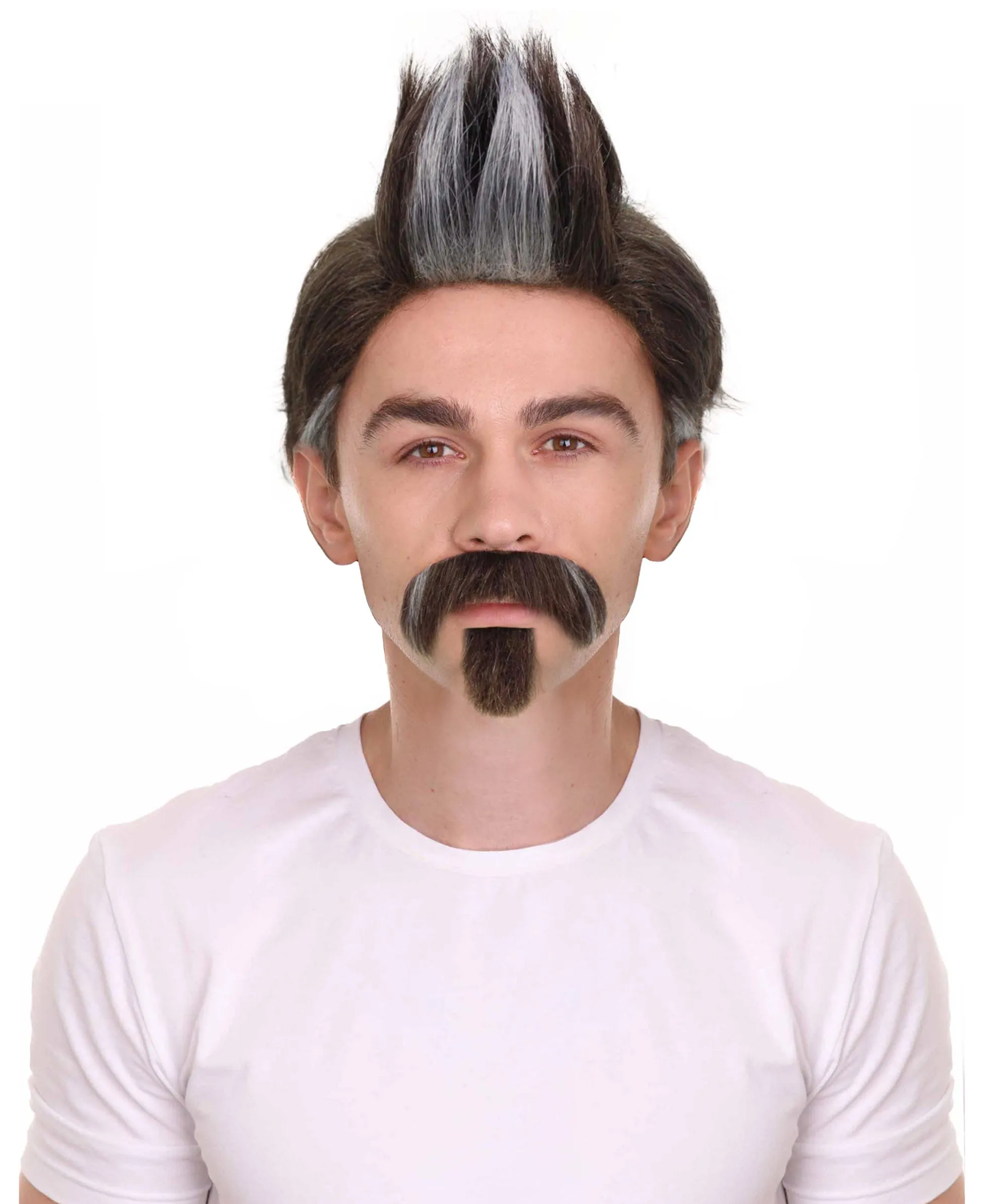 HPO Adult Men's Assault Legend Brown Spiky Game Wig with Mustache and Soul Patch | Best for Halloween | Flame-retardant Synthetic Fiber