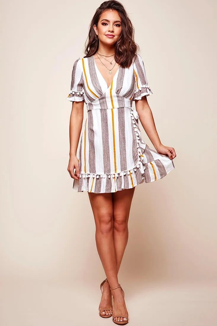 Kristen-Lee Striped Waist Tie Dress Beige & Mustard