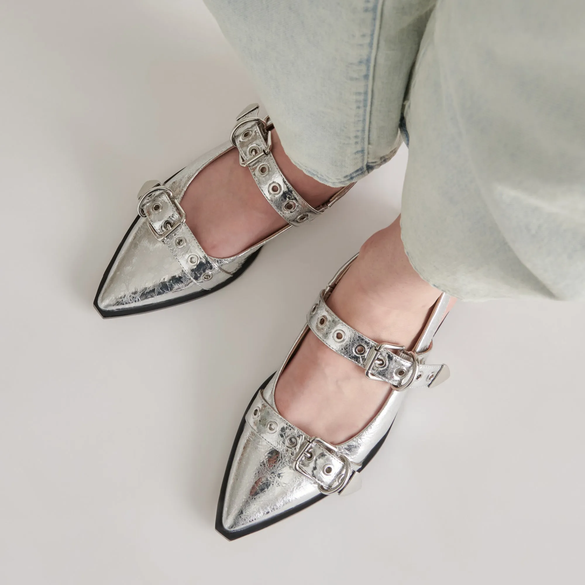 LABELL FLATS SILVER DISTRESSED LEATHER