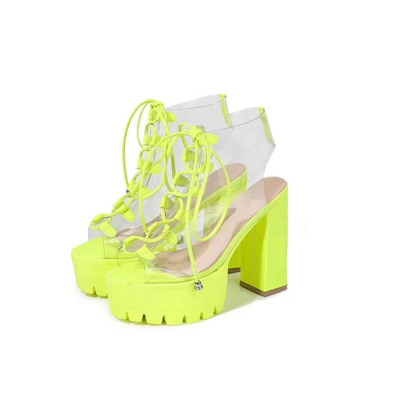 Lace Up PVC Chunky Heel Platform Sandals