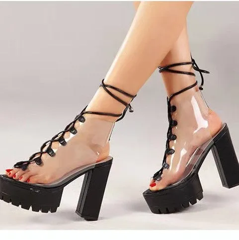 Lace Up PVC Chunky Heel Platform Sandals