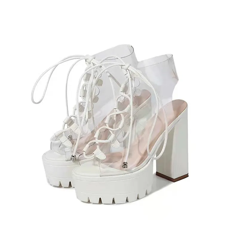 Lace Up PVC Chunky Heel Platform Sandals