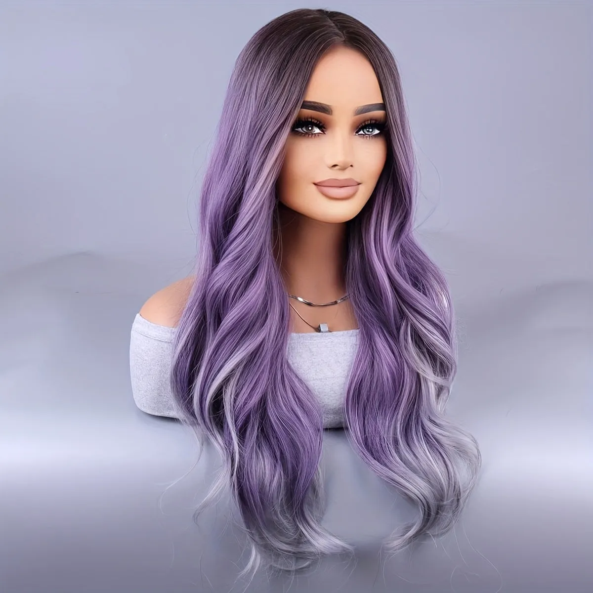 Long Curly Wig - Trendy European and American Fashion Design, Bouncy Texture, Full Head Cover - Vibrant Purple Highlights, Ideal for Glamorous Look