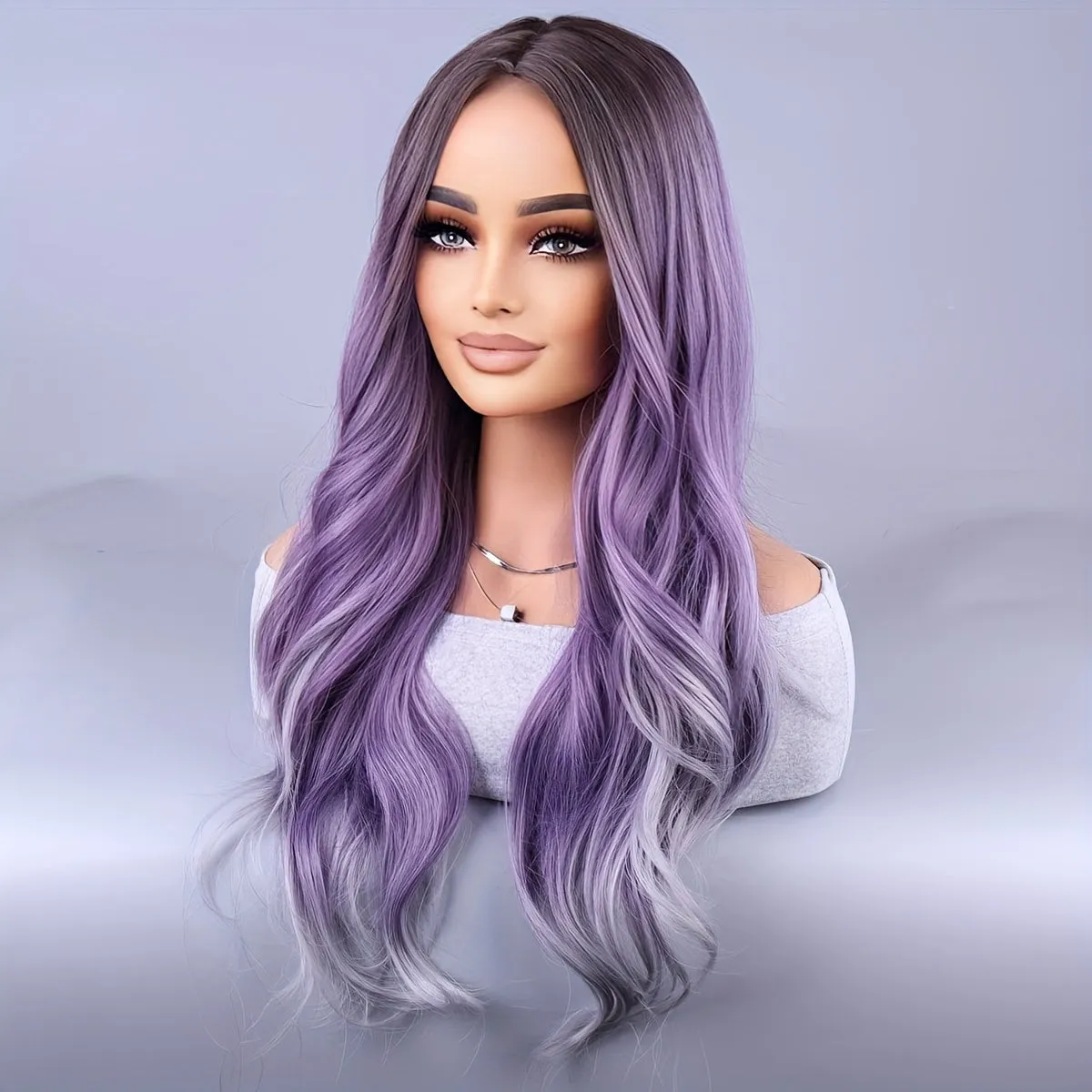 Long Curly Wig - Trendy European and American Fashion Design, Bouncy Texture, Full Head Cover - Vibrant Purple Highlights, Ideal for Glamorous Look